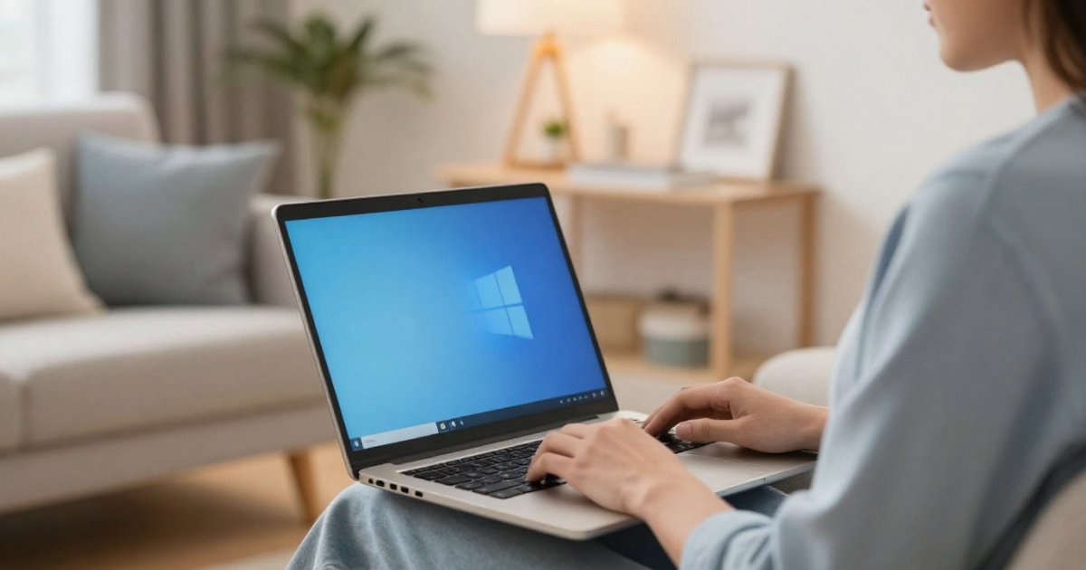 Persona usando una notebook con Windows en su casa mientras recibe soporte técnico remoto en Puerto Madryn